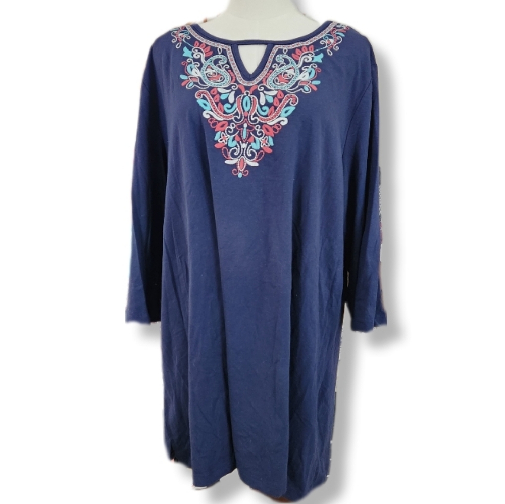 Denim & Company Embroidered Navy Tunic 2X